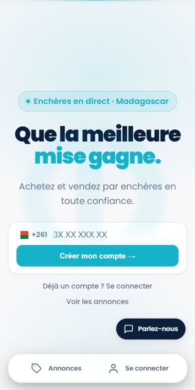 Accueil mobile de Lavanty avec la présentation des enchères, le formulaire de création de compte et le lien Voir les annonces.