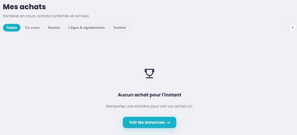 Page Mes achats Lavanty dans son état vide, avant une première enchère gagnée.