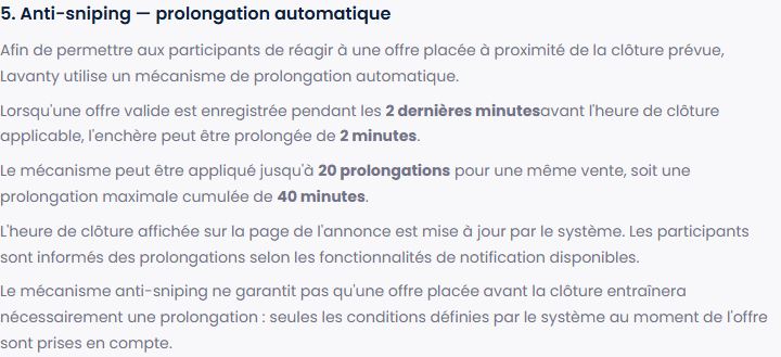 Section des règles Lavanty expliquant la fenêtre et la durée de prolongation anti-sniping.