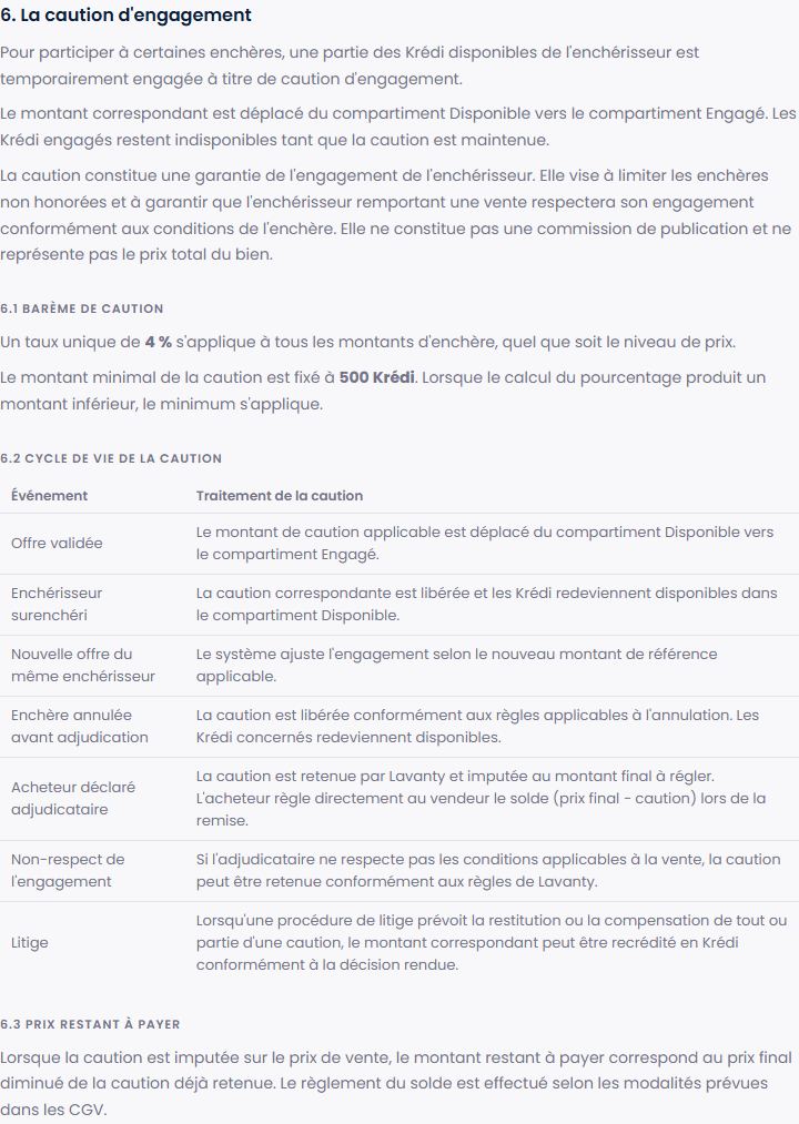 Section de règles Lavanty expliquant le barème et le cycle de la caution.
