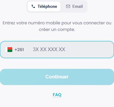 Formulaire Lavanty avec les onglets Téléphone et Email, le préfixe +261 et Continuer.