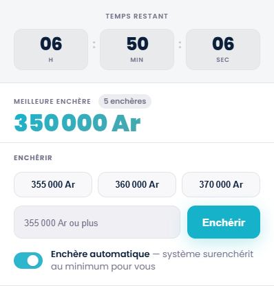 Panneau d’enchère Lavanty avec le commutateur Enchère automatique activé.