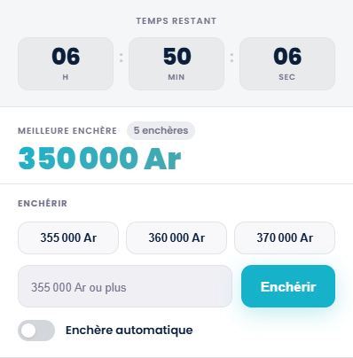 Panneau Lavanty indiquant le prix courant, trois mises suggérées et le bouton Enchérir.