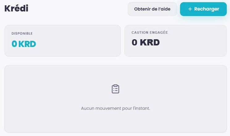 Page Krédi avec deux soldes à zéro et une zone d’historique vide.