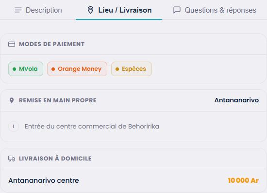 Onglet Lavanty Lieu et Livraison affichant les modes de paiement, la remise en main propre et une option de livraison.