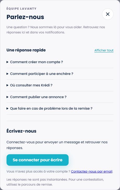 Panneau Parlez-nous de Lavanty affichant cinq FAQ et Se connecter pour écrire.