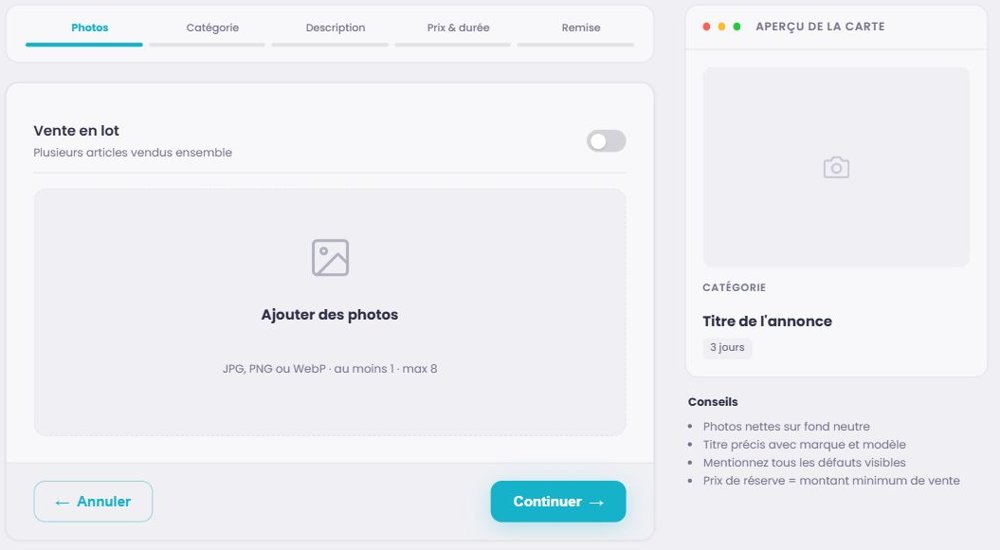 Première étape de création d’une annonce, ajout des photos et aperçu de la carte.
